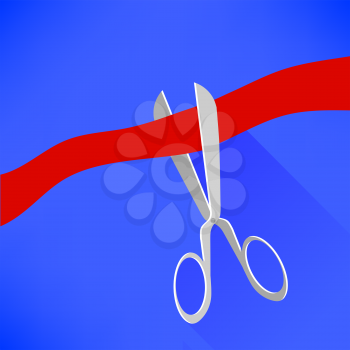Scissors Cutting Red Ribbon on Blue Background. Long Shadow.