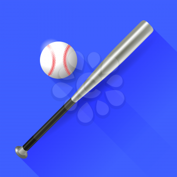 Baseball Bat and Ball Isolated on Blue  Background. Long Shadow