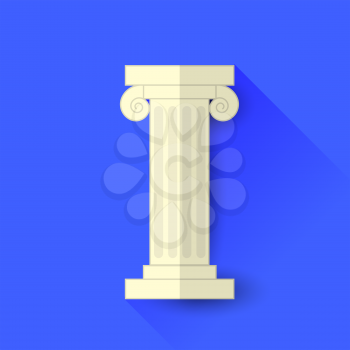 Single Greek Column Isolated on Blue Background. Long Shadow