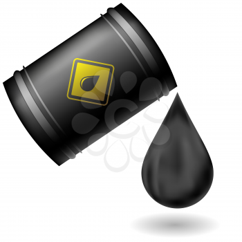 Metal Oil Barrel Isolated on White Background. Big Drop of Oil. Fuel Droplet. Drop of Oil Poured from a Black Barrel