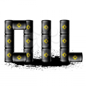 Set of Black Metal Oil Barrels Isolated on White Background. Oil Splatter