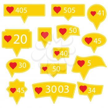 Set of Yellow Icons with Red Heart Isolated on White Background
