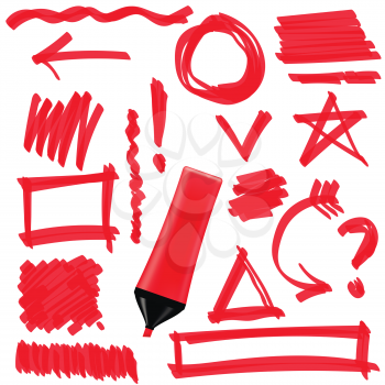 Red Marker Isolated on White Background. Set of Graphic Signs. Arrows, Circles, Correction Lines