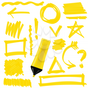 Yellow Marker Isolated on White Background. Set of Graphic Signs. Arrows, Circles, Correction Lines