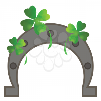 Green Clover Leaves and Horseshoe Isolated on White Background. Symbol of St. Patricks Day