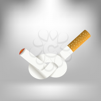 Single Cigarette Knotted and Isolated on Gray Soft Background. Health Care Concept.