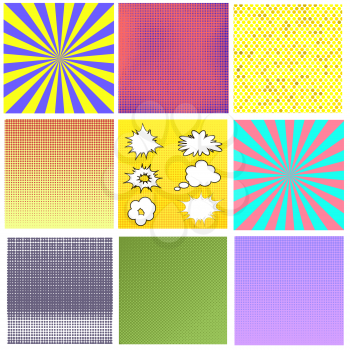 Comics Book Background. Colorful Halftone Patterns. Set of Cartoon Speech Bubbles. Collection Dotted Background.