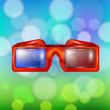 Red Glasses for Watching Movies Isolated on Summer Colorful Blurred Backround