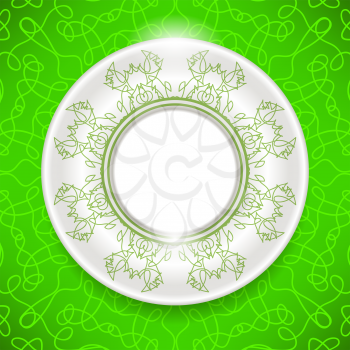 Ceramic Ornamental  Plate on Green Background. Top View