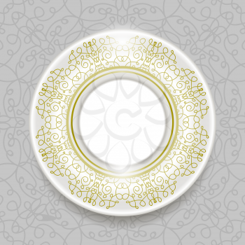 Ceramic Ornamental  Plate Isolated on Grey Ornamental Background. Top View