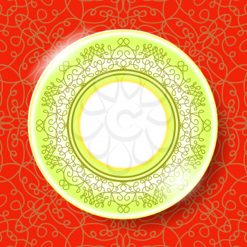 Ceramic Ornamental  Plate Isolated on Red Background. Top View