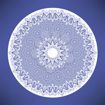 White Mandala Isolated on Blue Background. Round Ornament