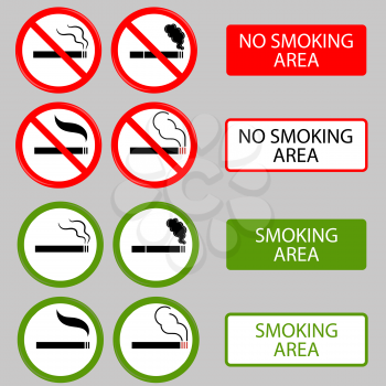 No Smoking, Cigarette, Smoke and Cigar Prohibited Symbols Isolated on Grey Background
