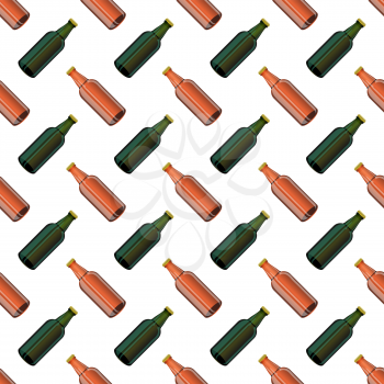 Brown Glass Beer Bottles Seamless Pattern on White Background.