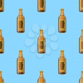 Brown Glass Beer Bottles Seamless Pattern on Blue Background.