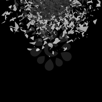 Vector Explosion Cloud of Grey Pieces on Black Background. Sharp Particles Randomly Fly in the Air.