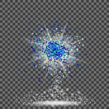 Explosion Cloud of Blue Pieces on Checkered Background. Sharp Particles Randomly Fly in the Air.