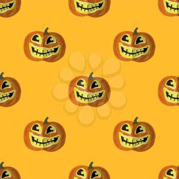 Halloween Smiling Pumpkin Seamless Pattern on Orange.