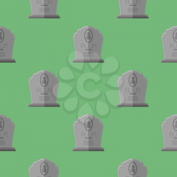 Gravestone Seamless Pattern on Green Background. Grey Stone Monuments on Halloween Cemetery. Grave Template.