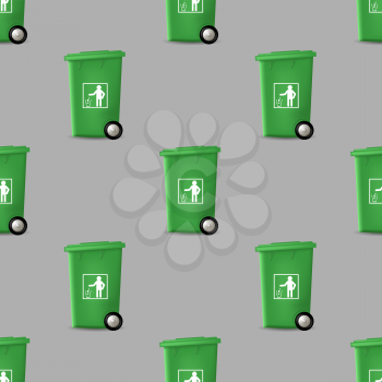 Plastic Green Trashcan Seamless Pattern on Grey Background