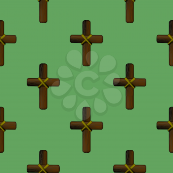 Wood Cross Isolated on Green Background. Seamless Pattern