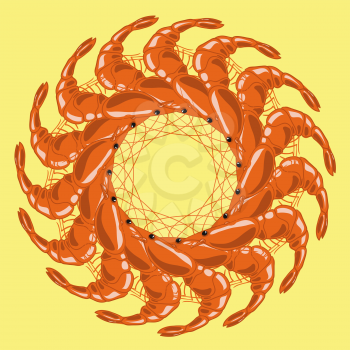 Cooked Red Shrimps Isolated on Yellow Background. Tasty Sea Food.