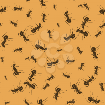 Ant Seamless Pattern on Orange Background. Insect Texture