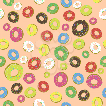 Colorful Fresh Sweet Donuts Seamless Pattern on Orange Background. Delicios Tasty Glazed Donut. Cream Yummy Cookie.
