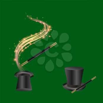 Realistic Magic Wand and Hat with Starry Lights on Green Background