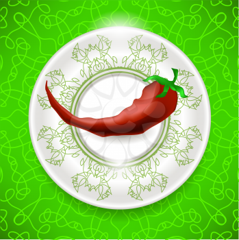 Hot Red Pepper on White Plate and Green Ornamental Tablecloth