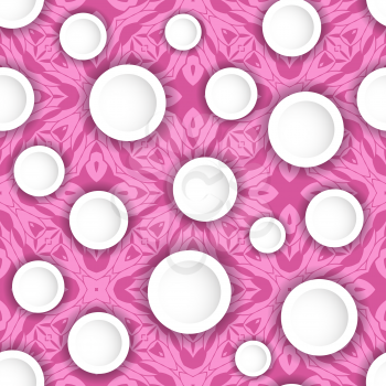 White Porcelain Plates Ramdom Seamless Pattern on Ornamental Pink Tablecloth