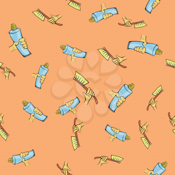 Toothbrush and Toothpaste Seamless Pattern on Orange Background