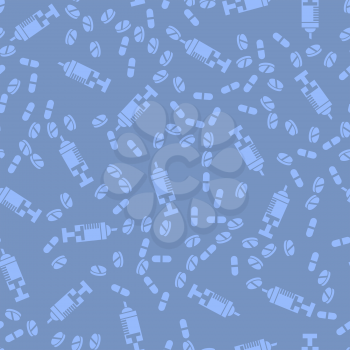 Diffetent Pills Isolated on Blue Background. Seamless Medical Pattern