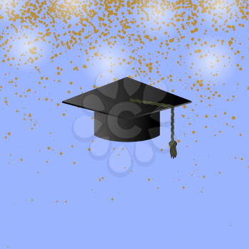 Black Graduation Cap on Confetti Blue Background