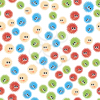 Colored Cartoon Microbes Seamless Pattern on White Background. Pandemic Colored Backteria. Dangerous Bad Viruses. Germs Backterial Mickroorganism. Bacterium Monsters