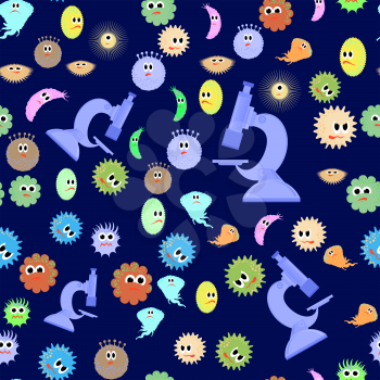 Different Cartoon Microbes Seamless Pattern on Blue Background. Pandemic Colored Backteria. Dangerous Bad Viruses. Germs Backterial Mickroorganism. Bacterium Monsters