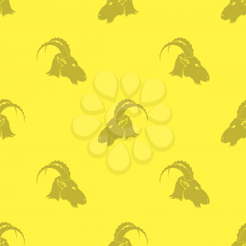 Horned Goats Seamless Pattern Isolated on Yellow Background. Grey Silhouette of Ram