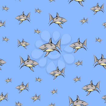Shark Isolated on Blue Background. Fish Seamless Pattern