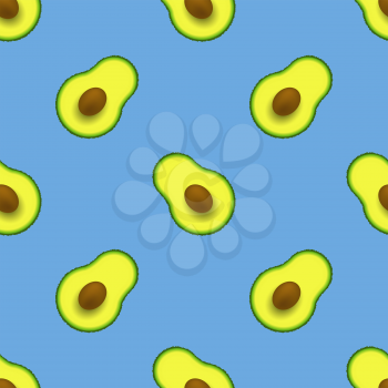 Cutted Ripe Avocado Seamless Pattern on Blue Background