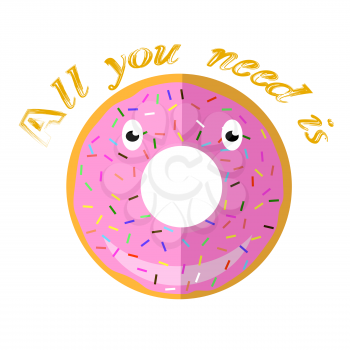 Sweet Glaze Pink Donut Isolated on Background. Fast Food Icon Flat Design. Top View.