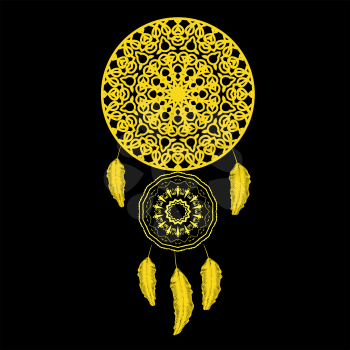 Vector Dream Catcher Silhouette with Feathers Isolated on Black Background