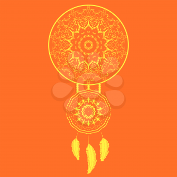 Dream Catcher Silhouette with Feathers Isolated on Orange Background