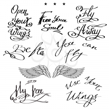 Angel or Phoenix Wings. Winged Logo Design. Part of Eagle Bird. Design Elements for Emblem, Sign, Brand Mark. Fly Away Text. Hand Drawn Motivational Lettering.