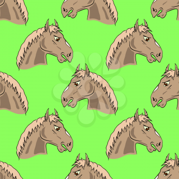 Colored Horse Head Seamless Pattern on Green Background