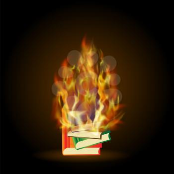 Burning Colored Books with Fire Flame Isolated on Black Background