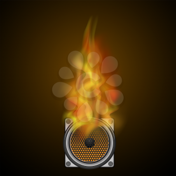 Musical Black Speaker and Fire Flame Isolated on Blurred Dark Background
