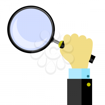 Magnifying Glass with Reflection and Hand Isolated on White Background. Magnify Icon in Flat Style Design. Magnifier or Loure Sign. Search Searching Looking For Research Information.
