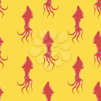 European Squid Silhouette Seamless Pattern Isolated on Yellow Background. Cute Seafood. Animal Under Water. Sea Monster