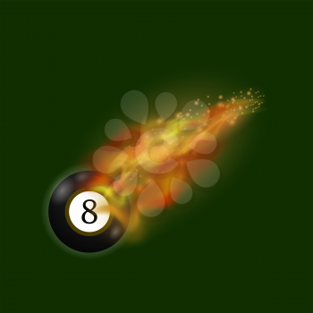 Black Billiard Ball on Fire Flame Isolated on Green Background