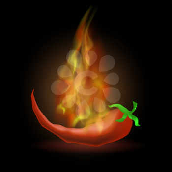 Hot Red Fresh Pepper with Fire Flame on Dark Background